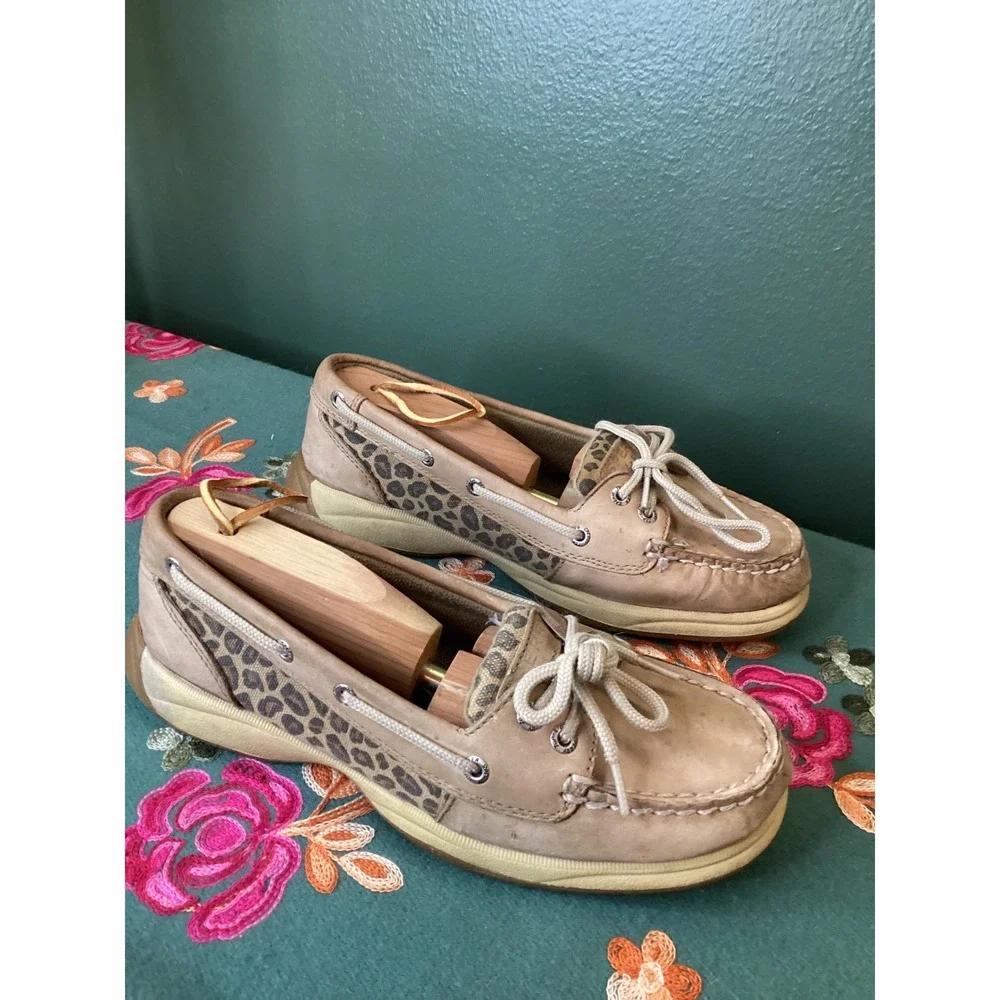 Sperry Top Sider Women's Boat Shoes Leopard‎ Print Tan Leather Size 6.5 M